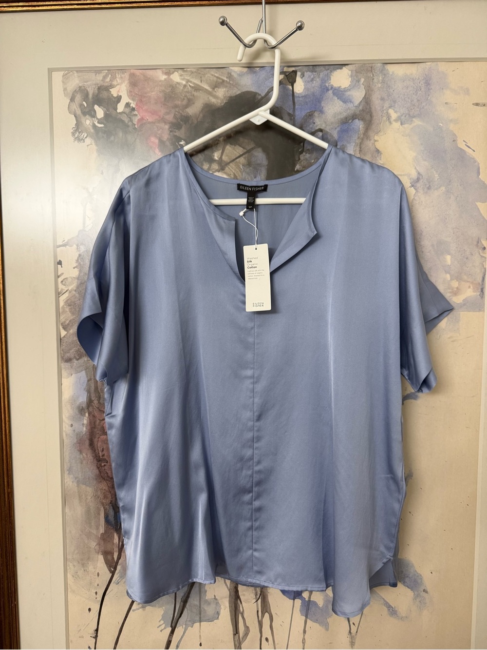 Eileen Fisher Dusty Blue Short Sleeve Silk-Blend Blouse